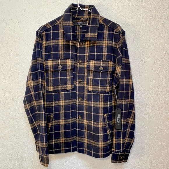 LIVERPOOL LOS ANGELES Flannel Mens M Navy & Camel Plaid Button Down Shirt Jacket - Picture 1 of 8